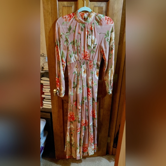 Anthropologie Somerset Long Sleeve Mock Neck Chiffon Pink Floral Maxi Dress - Picture 8 of 16